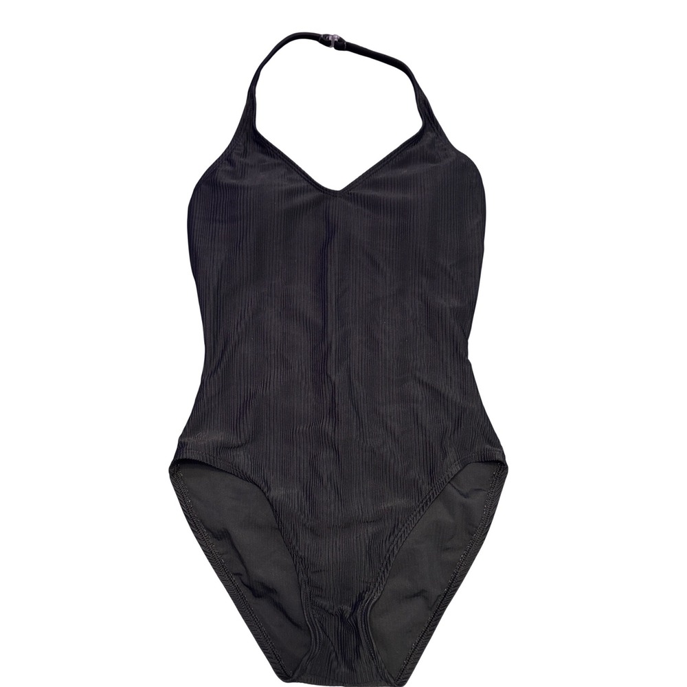 Catalina Black Ribbed Halter One Piece Swimsuit Built In Cups Vintage Size M
